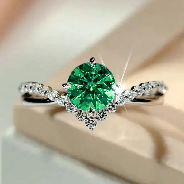 Women's Luxurious Prong-Set Bright Green Faceted Stone Stacking Rings - Layered Side Crystal Embellishments - Sentimental Birthday, Anniversary Costume Jewelry Gifts