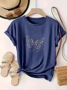 【Plus Size】Women's Plus Size Butterfly Print Round Neck Short Sleeve Casual Tee - Summer Daily Wear Top