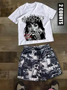 Men's Graphic Print Short Sleeve T-shirt & Shorts Two-piece Set, Regular Fit Casual Round Neck Tee & Shorts, Sets for Men Clothing, Men's Summer Clothes Set for Outdoor, Menswear