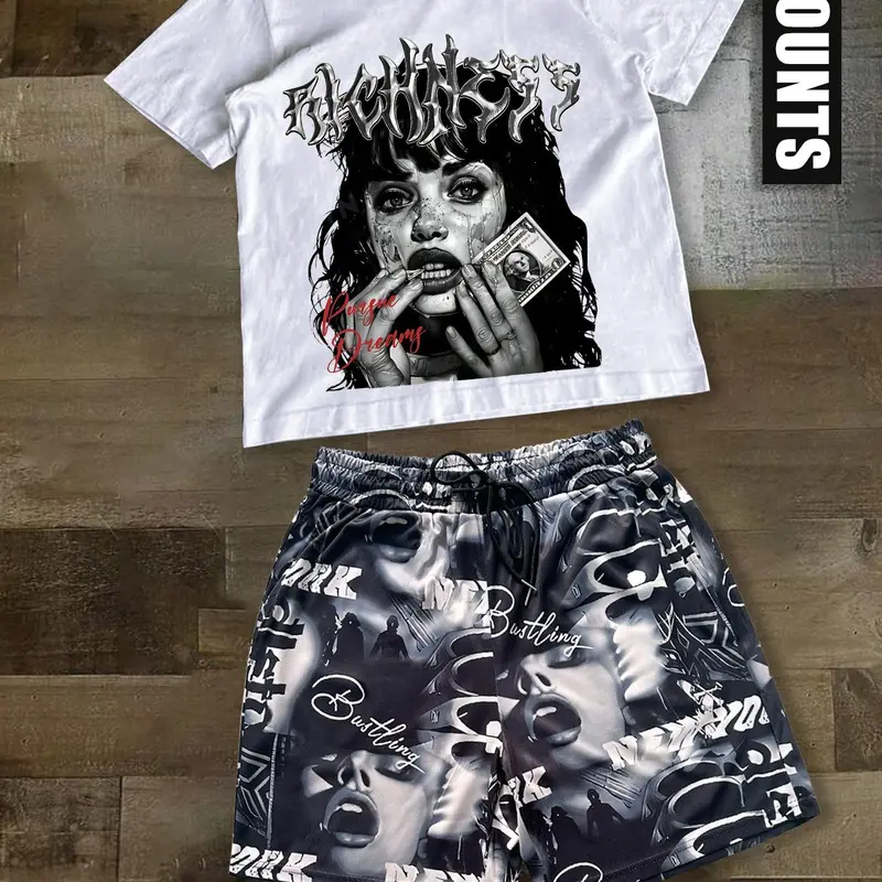 Men's Graphic Print Short Sleeve T-shirt & Shorts Two-piece Set, Regular Fit Casual Round Neck Tee & Shorts, Sets for Men Clothing, Men's Summer Clothes Set for Outdoor, Summer Outfit Set, Menswear