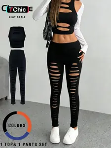 Women's Sexy Hollow Out Crop Top and High Waisted Pants Set, High Stretch Fabric, Casual Ripped Design, All Seasons Wear