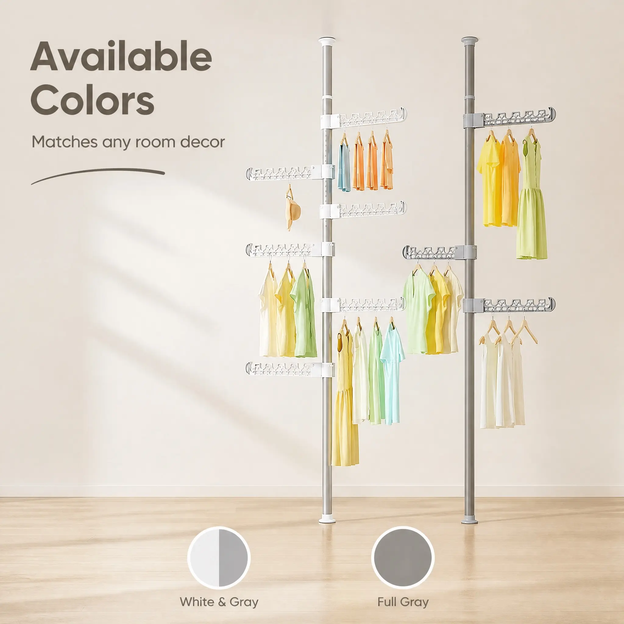 4-Tier Standing Clothes Laundry Drying Rack Coat Hanger Organizer Floor to Ceiling Adjustable Metal Corner Tension Pole, Black & White