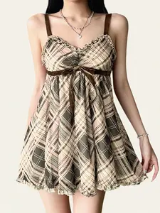 Women's Colorblock Plaid Low Back Halter Top, Slim Fit Doll Dress, Casual Boho Chic Fashion for All Seasons, Daily Wear Home Style