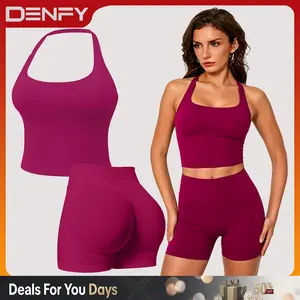 DENFY Two-Piece Suit Impact Halter Top & Impact Shorts Fitness Yoga Sports Women Activewear Gym Outdoor Tank Tops Hidden Scrunch Butt Lifting Gymwear Shorts Womenswear