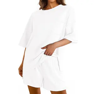 Dokotoo 2 Piece Outfits for Women Fashion Lounge Sets 2026 Summer Comfy Cute Two Piece Solid Crewneck Short Sleeve Shirt and High Waist Shorts Pants with Pockets Resort Wear Ladies Sweatsuit