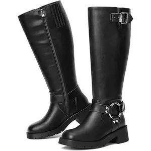 Wide Calf Boots for Women - Knee High Square Toe Wide Width Platform Plus Size Tall Boots with Side Zip, Buckle Chunky Heel Big Leg Fashion Boot for Spring Fall, Work Concerts and Daily Wear
