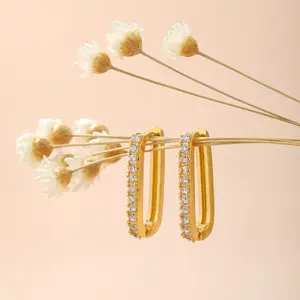 Women Trendy Copper Cubic Zirconia Row Huggies Chic Rectangle Geometric CZ Stone Hoop Earrings