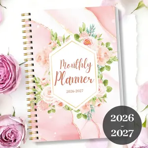 2026-2027 Monthly Planner A5 Size, Large Grid Design, Spiral Binding, Floral Pattern, Ideal for Academic & Daily Organization