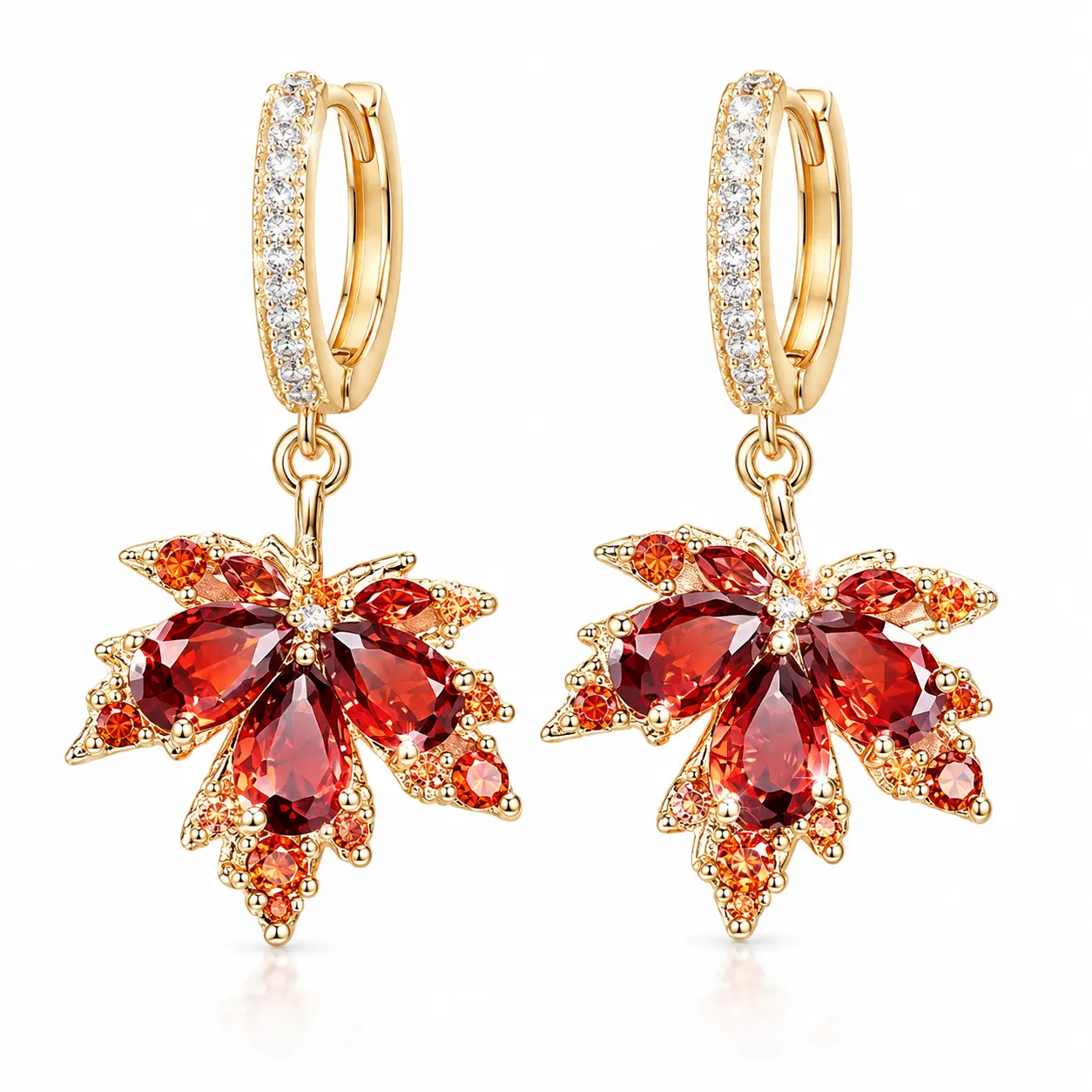 Women's Red Maple Leaf Dangle Earrings, Sparkling Crystal Leaf Drop Earrings with Gold Tone Huggie Hoops, Elegant Fall Autumn Statement Earrings, Thanksgiving Holiday Jewelry Gift for Women