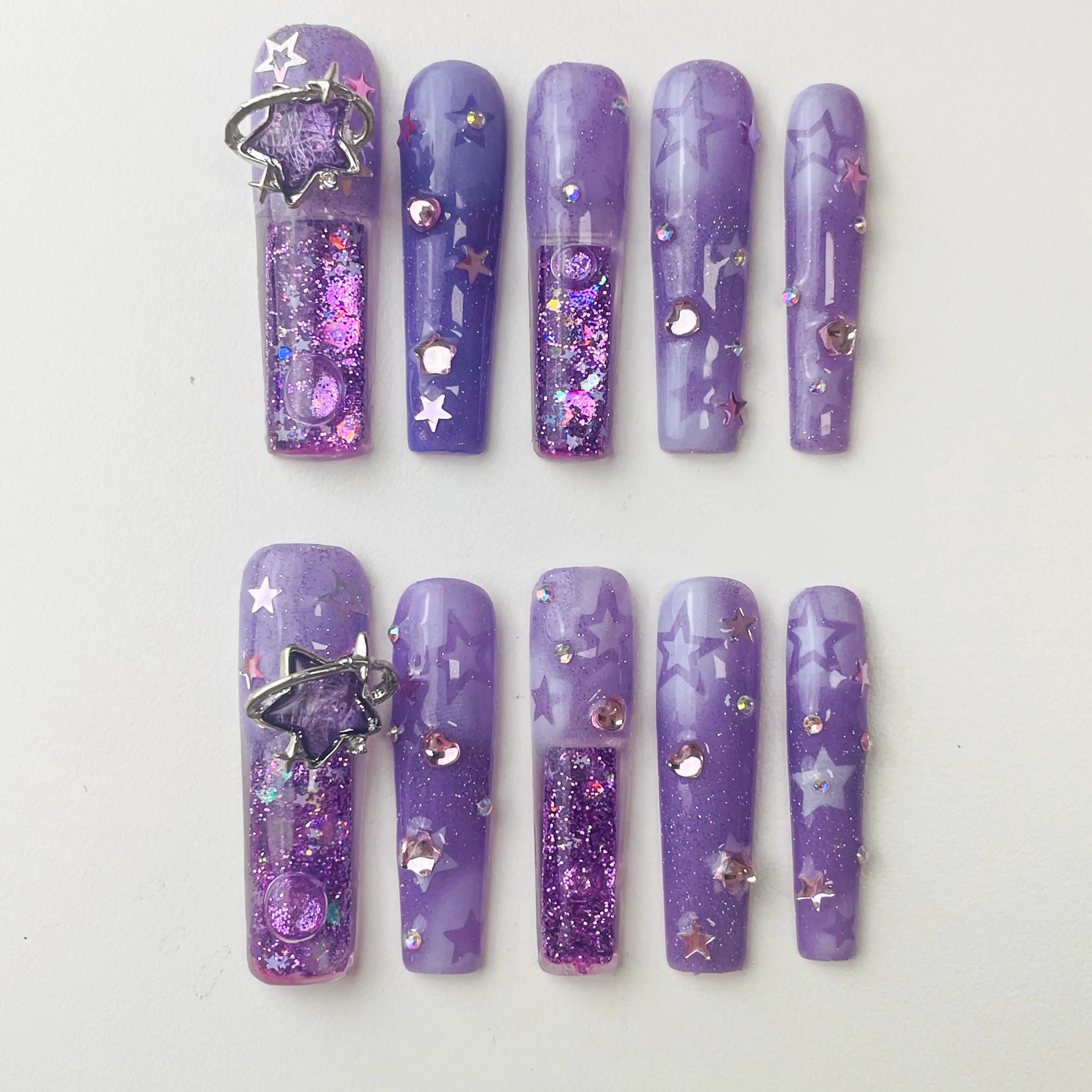 Stellar Velvet Press-On Nails with Galaxy Liquid Core, Dark Gothic Aquarium Style Fake Nails, Square Shape, Glossy Finish, Adhesive Backing Press On False Nails