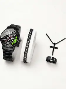 4-piece trendy wheel shaped men's steel strap watch with personalized fully automatic quartz movement men's watch Bracelet Watch Set