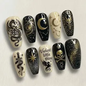 Dragon Press On Nails / Fourth Wing Inspired Style / Gold Celestial Moon Star & Skull / Basgiath War College Fandom / Handmade Luxury Nails
