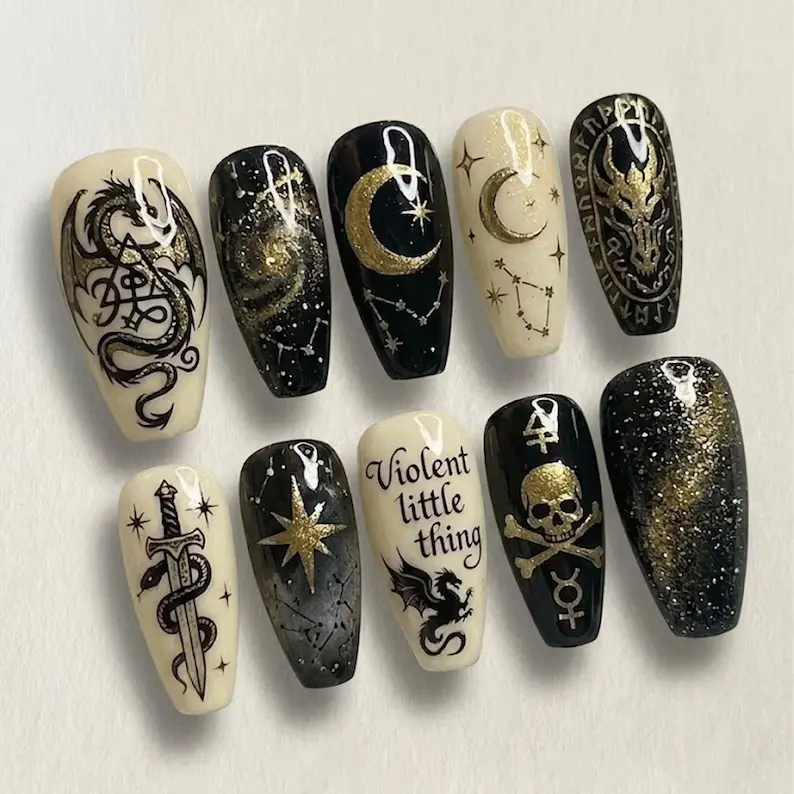 Dragon Press On Nails / Fourth Wing Inspired Style / Gold Celestial Moon Star & Skull / Basgiath War College Fandom / Handmade Luxury Nails