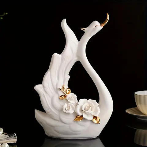 Hand-Painted Geometric Porcelain Swan Couple Statues - European-Style Light Luxury Artistic Ornaments, Blush Pink Floral Ceramic Bird Figurines with Solid Texture, Wedding Gift for Living Room Cabinet, Decorations for Room Beauty, Shockproof Box Included