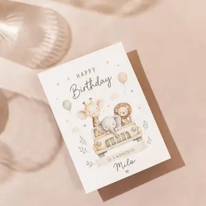 Personalized Safari Birthday Card, Custom Name Kids Birthday Card, Cute Safari Animal Card, Children’s Birthday Card, Happy Birthday Card