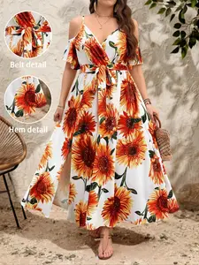 Plus Size Women's Sunflower Print Adjustable Strap off Shoulder Split Vacation Short Sleeve Dress, Casual Summer