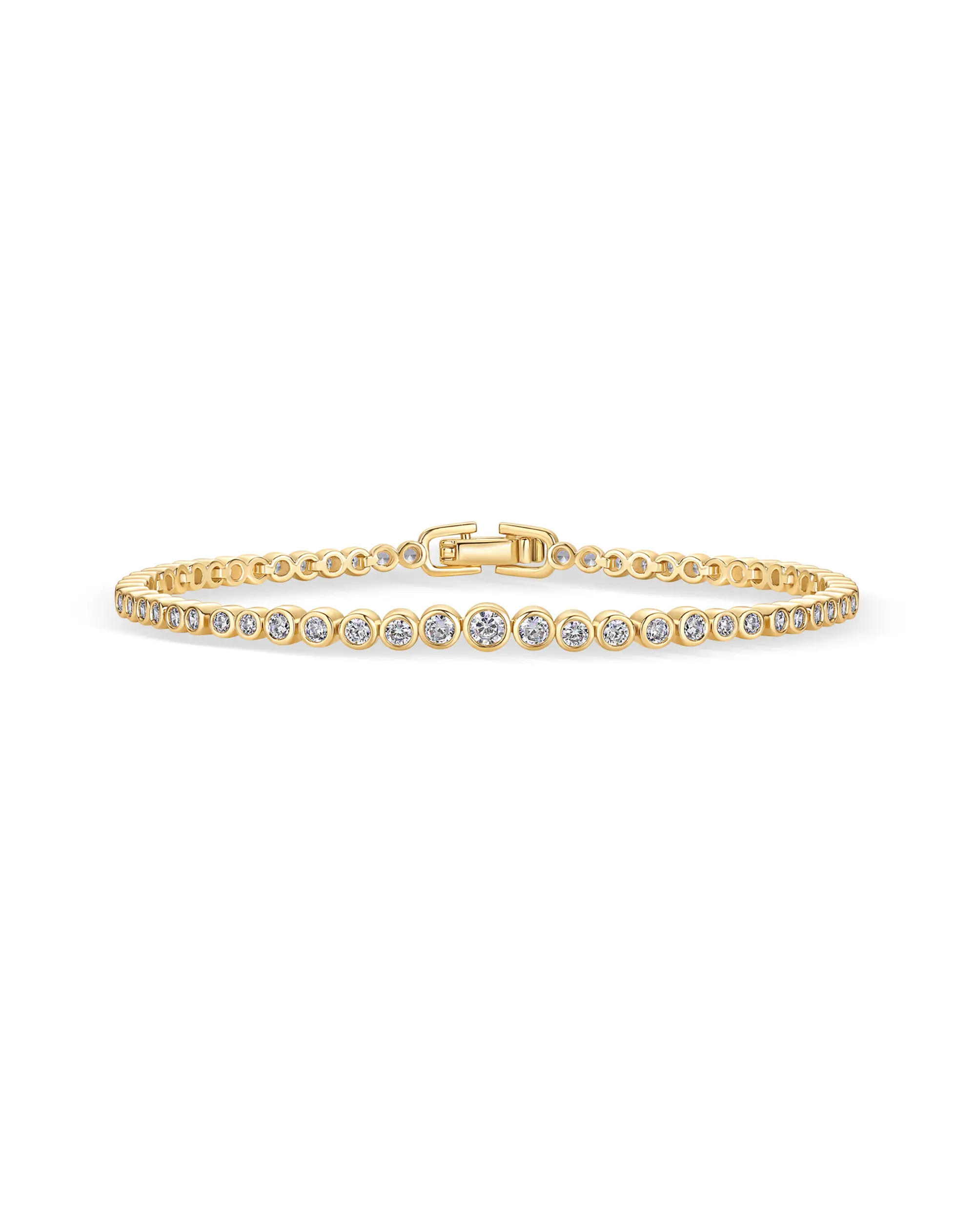 PAVOI 14K Gold Plated Graduated Simulated Diamonds Bezel Set Tennis Bracelets for Women - Cubic Zirconia Round Statement Bride Bracelet