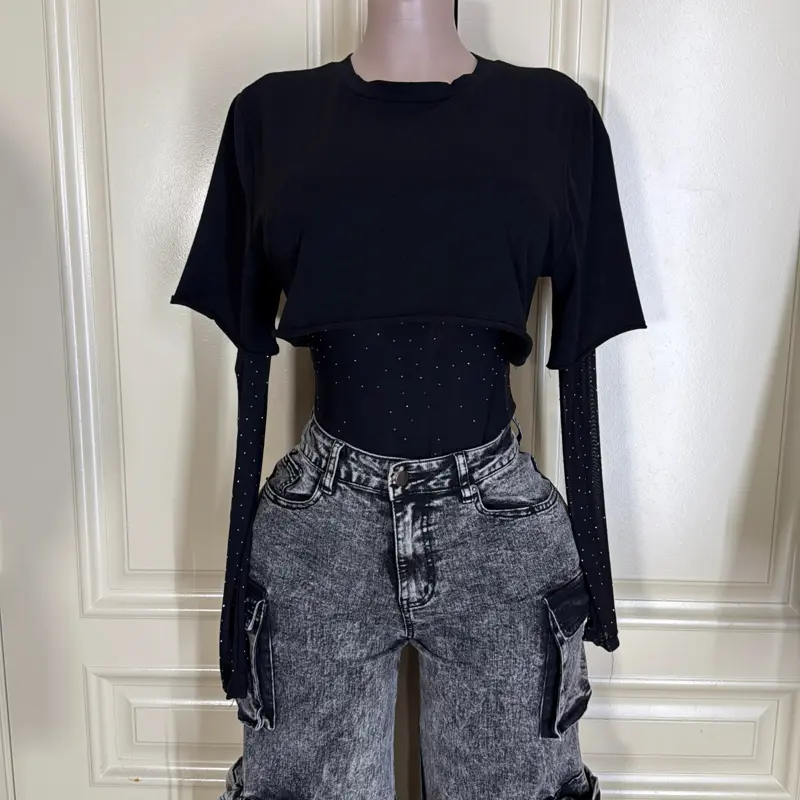 Liana Rhinestone Lace Bodysuit with crop t-shirt top