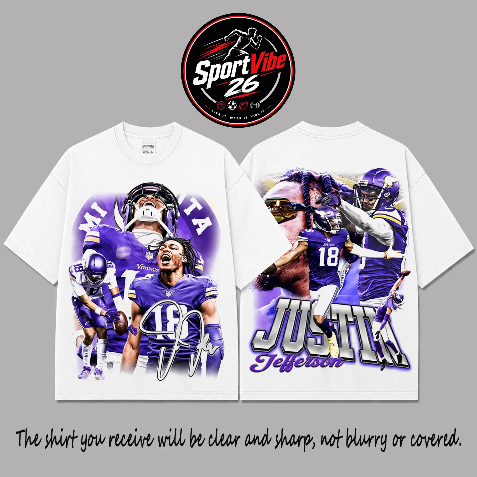 Justin Jefferson #18 Premium 100% Cotton T-Shirt, Vikings Star Receiver Dynamic Action Collage Tee, Purple Football Streetwear Apparel, Gift for Justin Jefferson Fans