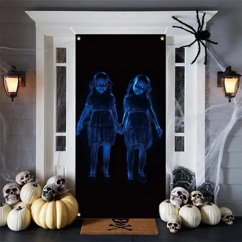 Halloween Door Banner Decoration, Party Decorations Banners, Polyester Scary Ghost Twin Print for Festive Theme Party Background, Indoor/Outdoor Front Door Decor, Lightweight, Ornaments
