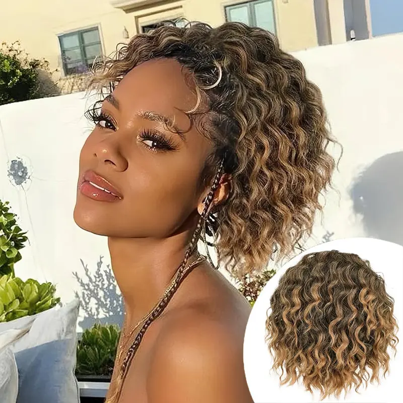 Black Women's 8in Synthetic Drawstring Ponytail Extension - Short Wavy Wash-Dry Curls, Ombre Light Brown, 4 Clips - for Daily Use, Costumes, Ponytail Hairstyles Hairpiece