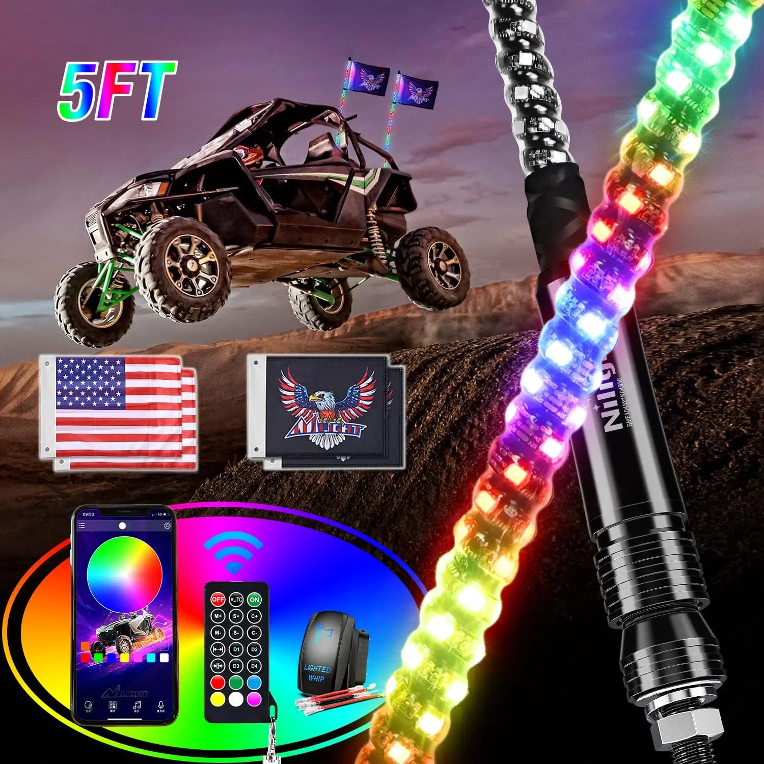 Nilight 2PCS 5FT RGB LED Whip Light, Remote & App Control w/DIY Chasing Patterns Stop Turn Reverse Light Safety Antenna Lighted Whips for ATV UTV Polaris RZR Can-am Dune Buggy Jeep dealsforyoudays, Led Lighting, Led Outdoor Waterproof Wifi Led Strip