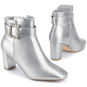 BLISSFUL STEP Women's Rhinestone Buckle Decor Square Toe Chunky Heel Ankle Boots