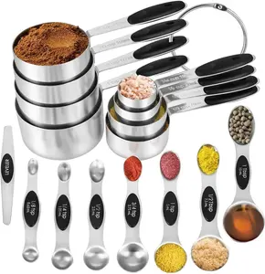 16 Pieces Stainless Steel Measuring Cups & Spoons Set, 8 Cups with Silicone Handle, 7 Double-Sided Magnetic Measuring Spoons & 1 Leveler, Baking Tools for Kitchen