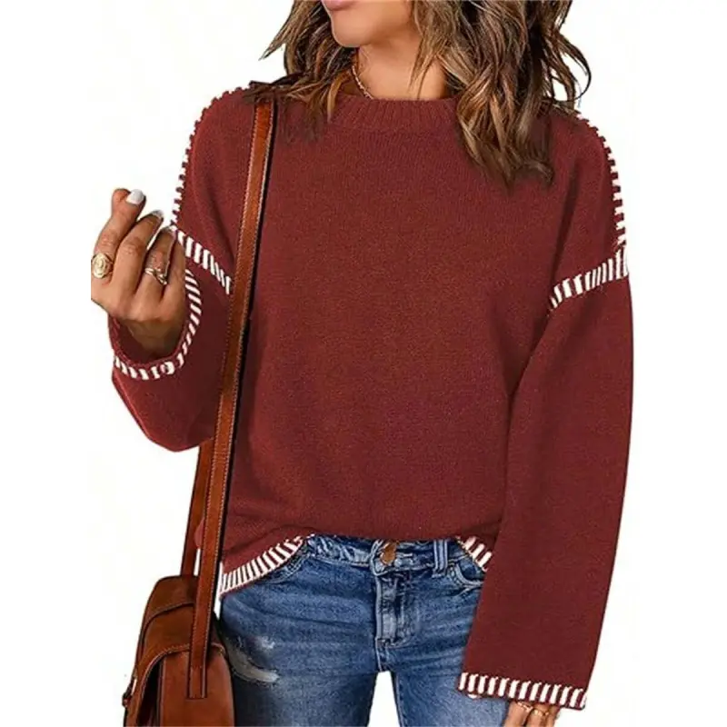 Women's Burgundy Long Sleeve Crewneck Knitwear Pullover - Loose Fit, Contrast Cable Knit Fabric, Comfortable, Casual Elegant for Autumn, Winter, Easy Matching