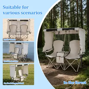 Folding Camping Two-Person Seat with Shade Canopy Portable Double Camping Chair with Cup Holder Cooler Bag Protection for Beach Fishing Camp Sports Event NEW
