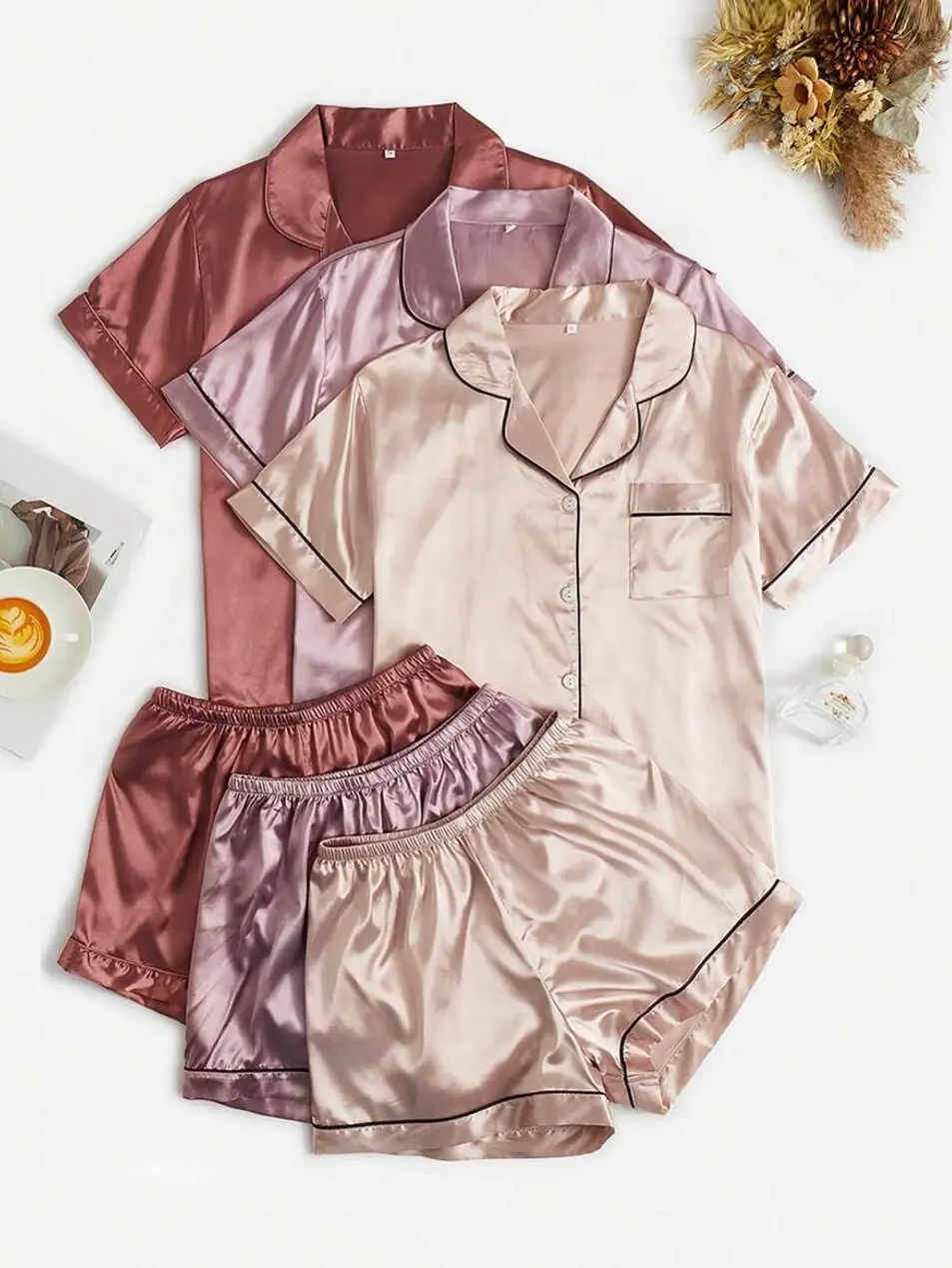 6pcs Satin Lapel Collar Contrast Piping PJ Set / Pajama Set