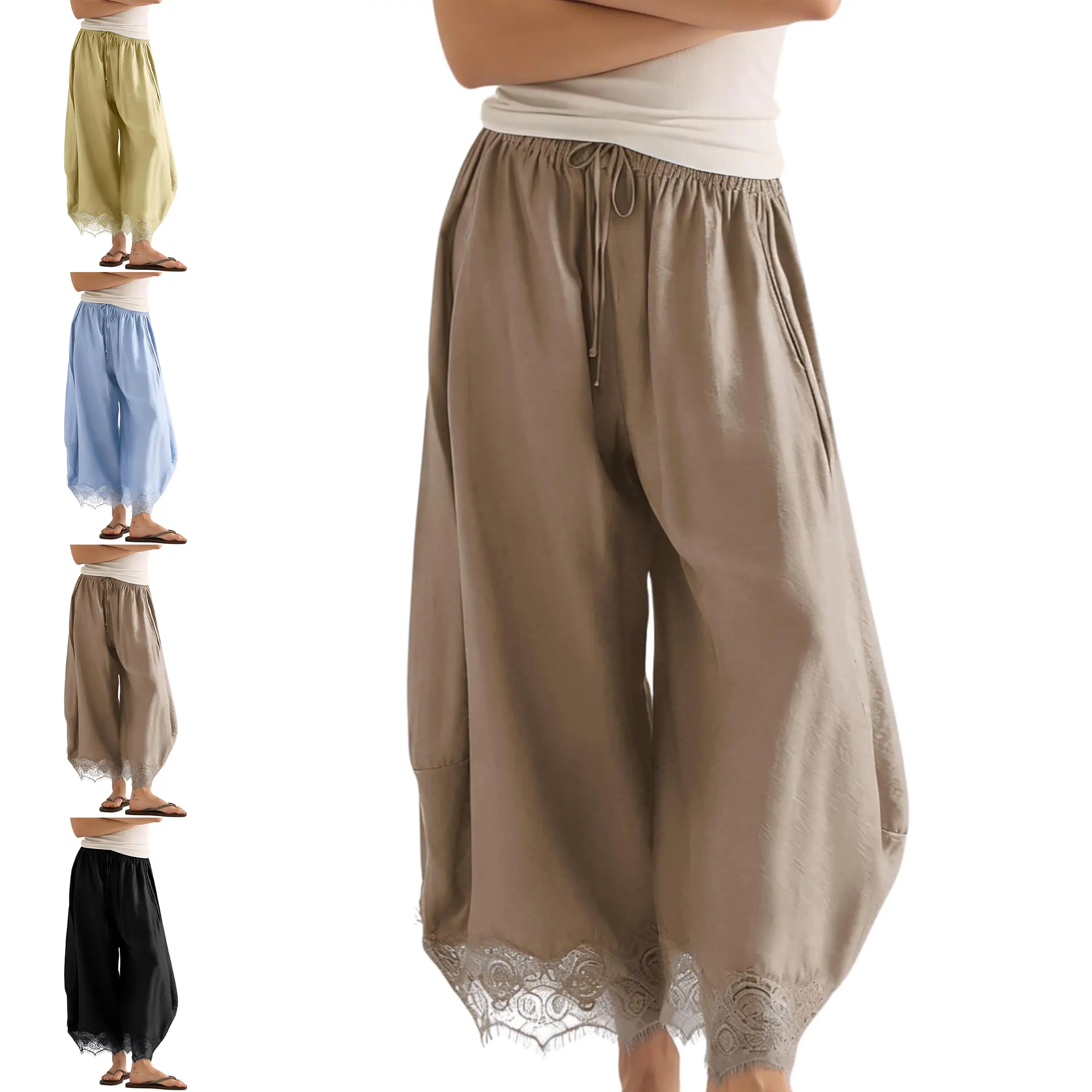 Wandal Women’s Lace Hem Balloon Pants, Lightweight Rayon Casual Wide Leg Pants with Elastic Waist & Pockets