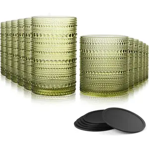 Drinking Glasses Set of 12, Vintage Glassware Old Fashioned Bubble Drinking Glasses, 6 14.5oz Highball Cups 6 10oz Rocks Cups with 6 Silicone Coasters, Green