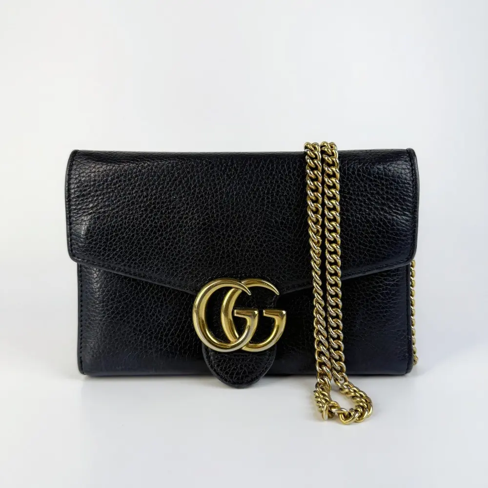 Pre-owned GUCCI GG Marmont Leather Chain Wallet, Minimalist Crossbody Bag, Black【469】, Crossbody Bags, Messenger Bags
