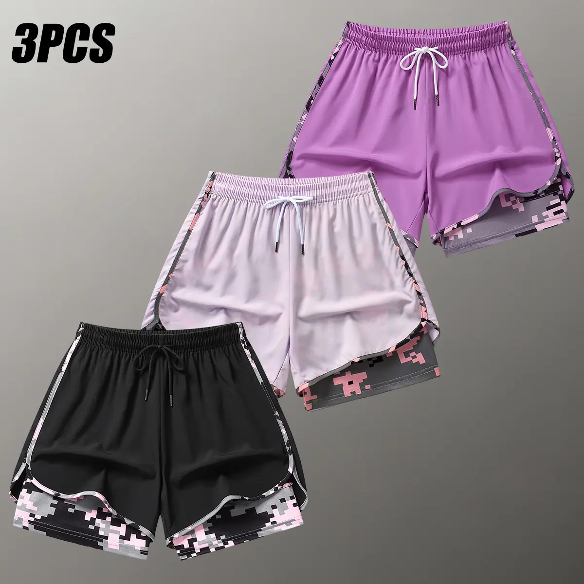 3PCS women’s casual athletic shorts with built-in lining, drawstring, elastic waistband — suitable for outdoor sports, fitness, running, and everyday casual wear; matching boyfriend–girlfriend style, unisex, women’s shorts, athletic shorts, women’s appare