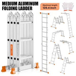 SKEAM Medium Aluminum Folding Ladder 139.4 inch for DIY Painting & Everyday Tasks Durable with Anti-Slip Feet Bonus Gloves Included