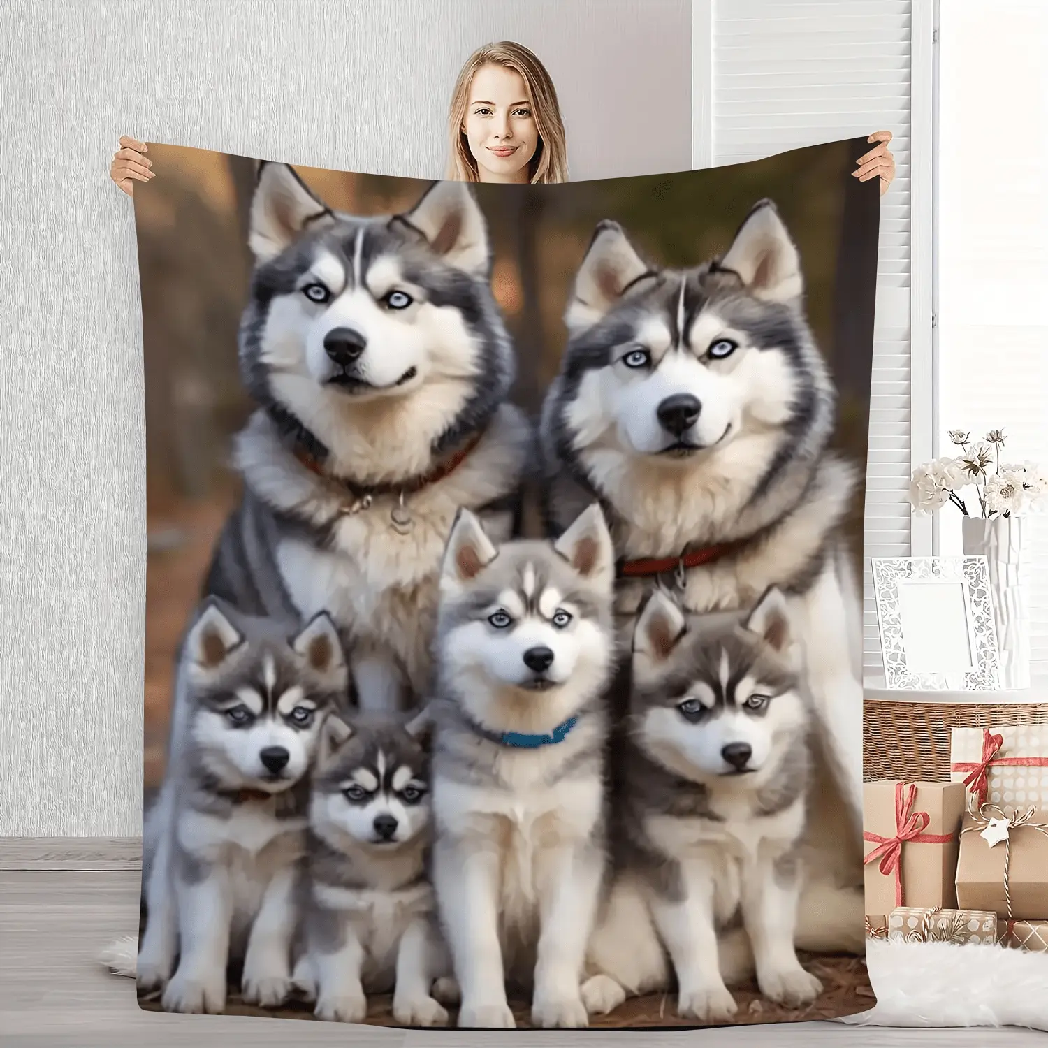 Cozy Husky Family Flannel Blanket – Soft & Warm Siberian Husky Print with Adorable Puppies, Perfect for Bedroom or Sofa Decor, All-Season Comfort, Machine Washable, Contemporary Style, Mixed Colors, Sofa Throw | Animal Theme Decor | Plush Flannel Fabric