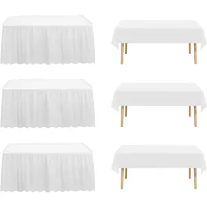 3 Packs 54x108inch Plastic Tablecloth and 3 Packs 14FT Plastic Table Skirt,Disposable Rectangle Tablecloth Set Disposable Table Covers for Wedding, Party,  Shower (White)