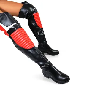 New Fashionable Style Pu Leather Over The Knee Flat Boots with Inner Zipper & 2-Tone Colors for Women