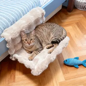 1 Piece Cat Bedside Hammock Plush Pet Bed Removable and Washable All-Season Universal No-Drill Stable Installation Suitable for Sofa/Bed Edge/Window Small Cats and Dogs Soft Cushion Warm Cat Nest Portable Easy to Clean