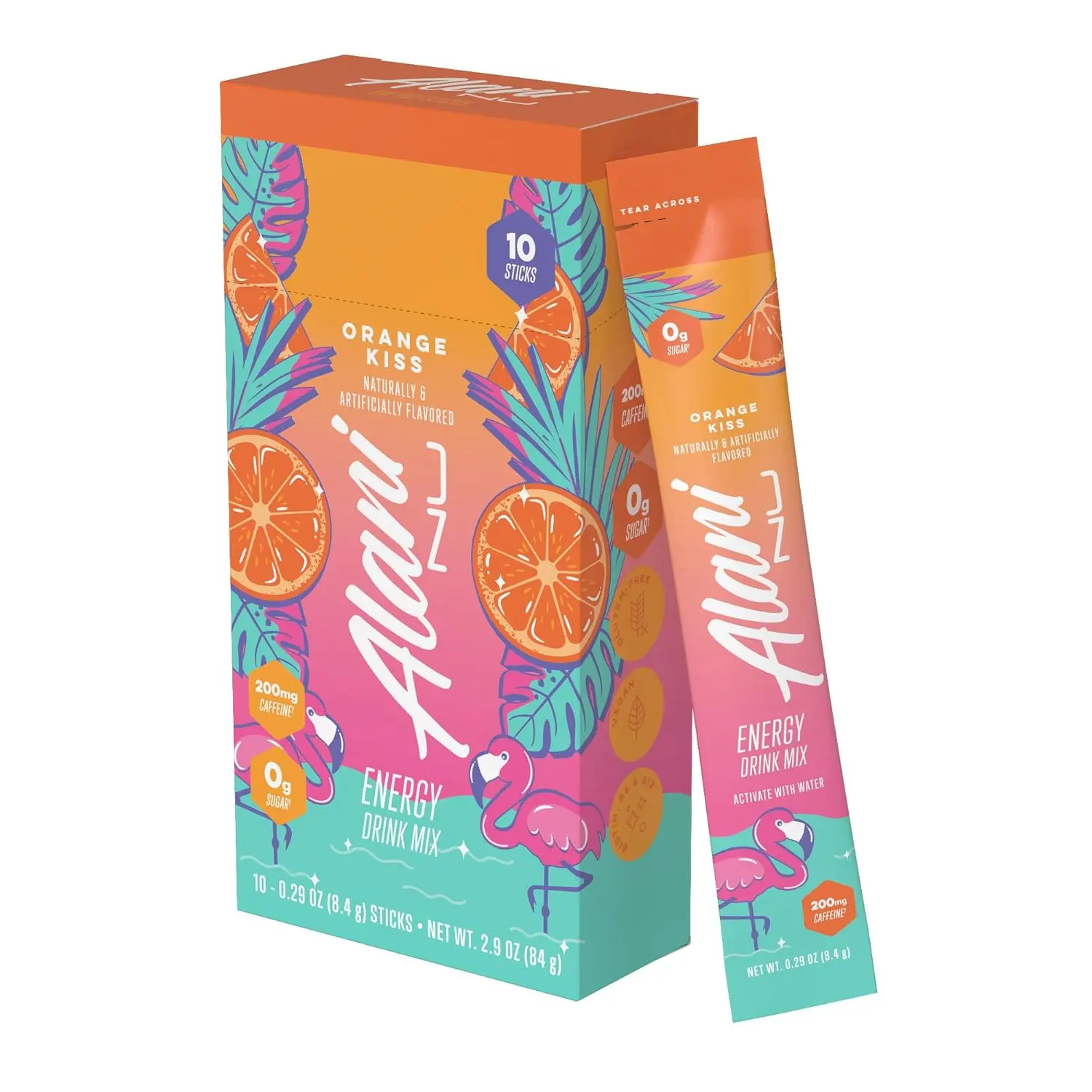 ORANGE KISS Sport Drink Powder Energy Sticks, 10-Pack Single-Serve Mix - 200mg Caffeine, 0 Sugar, Orange Flavor, Low-Calorie (5-10 Calories)