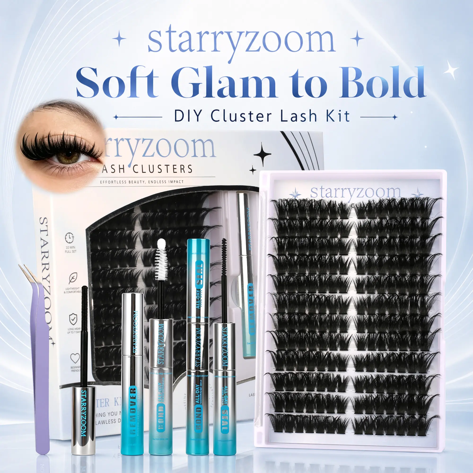 DIY Lash Cluster Kit for At-Home Eyelash Extensions, Complete Set with Bond, Seal, Remover, and Applicator Tool, Lash Clusters