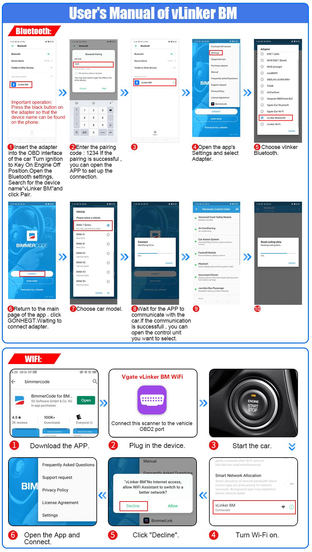 Vgate vLinker BM+ OBD2 Scanner Bluetooth 4.0 for BMW Mini BimmerCode, iOS Android Car Diagnostic Code Reader