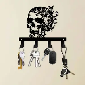 Halloween Metal Flower Skull Key Holder Hook, Wall Decor for Entryway, Office, Kitchen, Bathroom, Outdoor Porch, Key and Hat Strap Holder