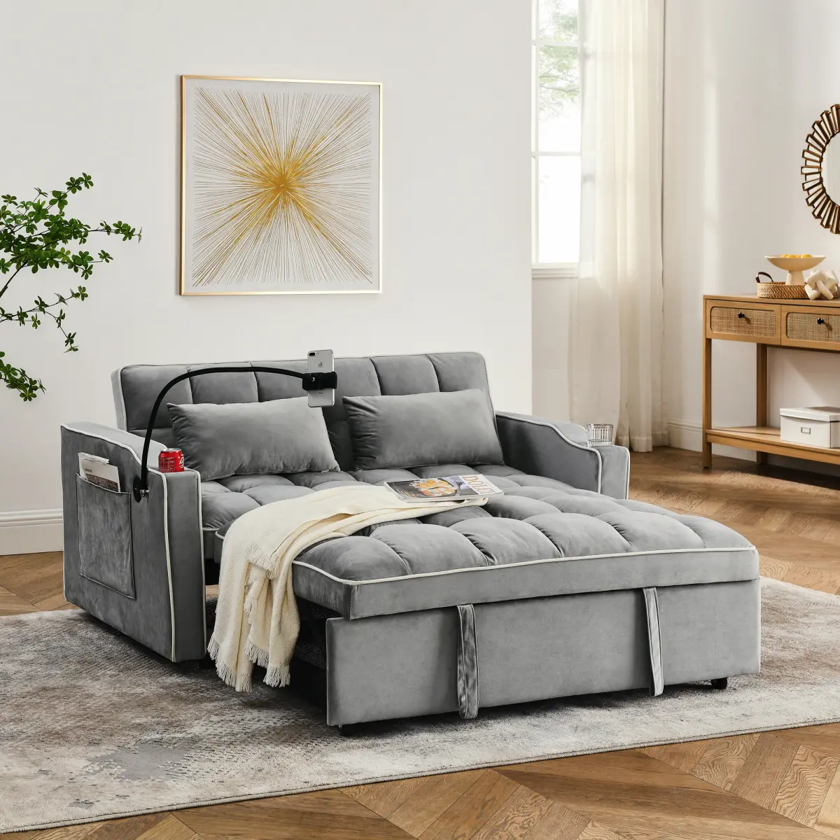 【Deals for You Days】55.51" Convertible Velvet Sofa Bed, 3-in-1 Foldable Sleeper Couch with Adjustable Backrest, Pull-Out Bed with USB Port, Ashtray & Swivel Phone Stand for Living Room