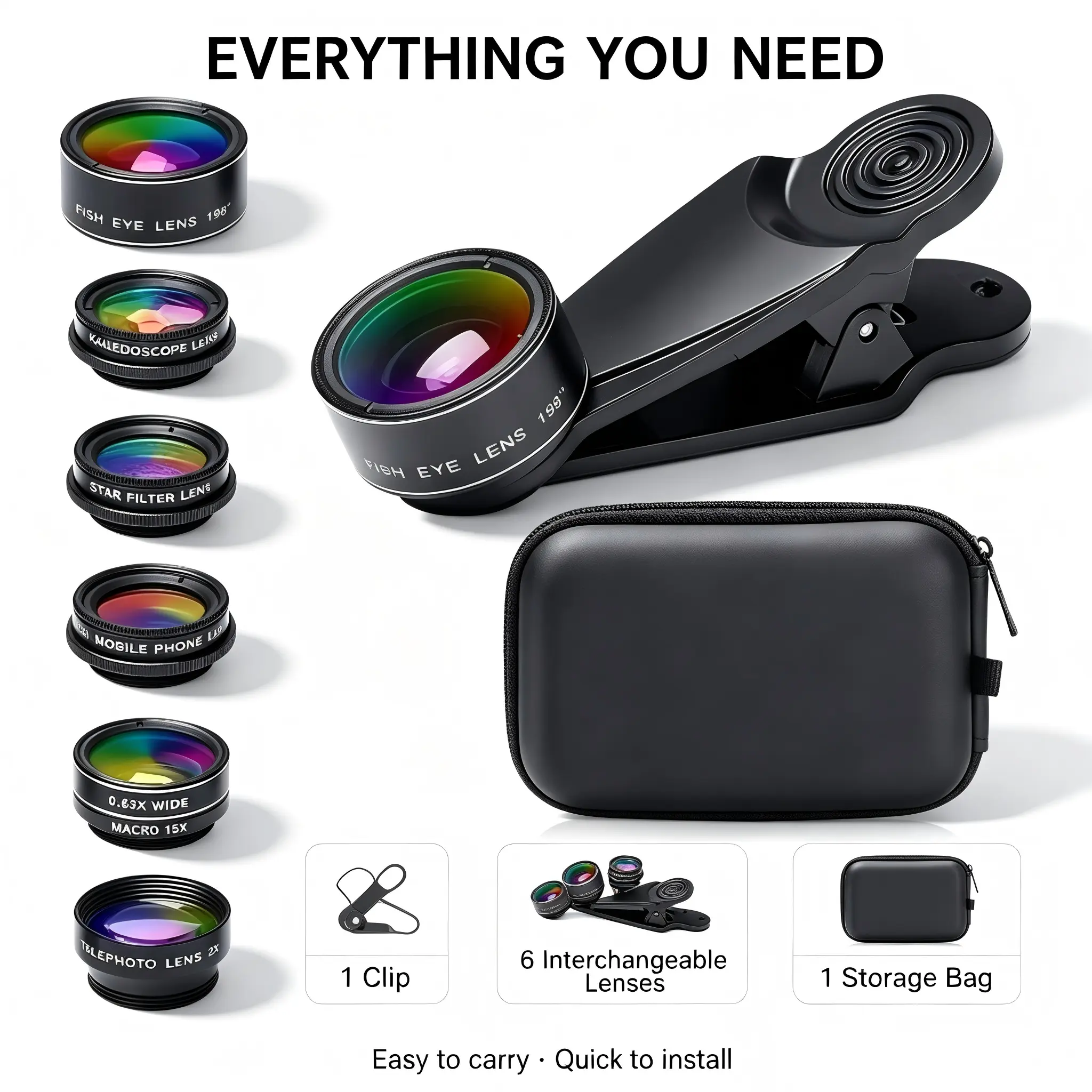 Phone Lens Kit 7-in-1 Compact Clip On Phone Lens Kit - Wide Angle, Macro, Fisheye Lenses, Smartphone Camera Accessories Multi-Lens Set for iPhone/Android Phones