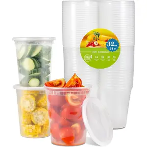 24 Sets 32 oz Plastic Deli Containers with  - Clear Airtight  Storage & Meal Prep Containers, , Stackable, Leakproof, Microwave & Freezer Safe