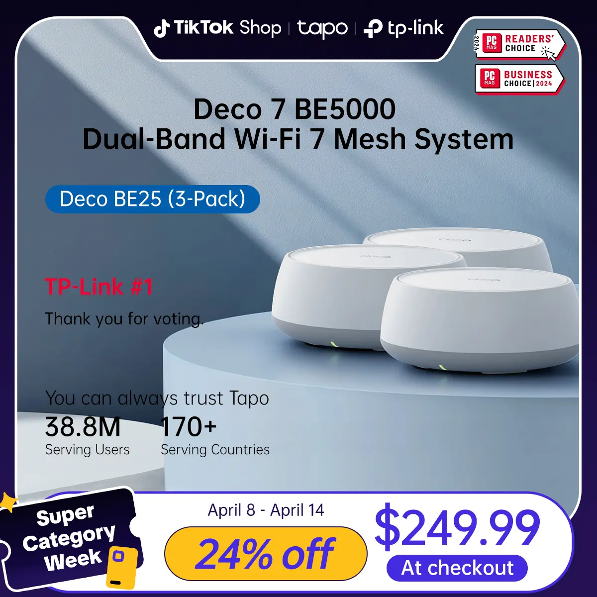 TP-Link Deco BE25 (3-Pack) Deco 7 BE5000 Dual-Band Wi-Fi 7 Mesh System | 4-Stream 5 Gbps, 240 Mhz | Covers up to 6,600 Sq.Ft | 2X 2.5G Ports Wired Backhaul | VPN,MLO, AI-Roaming, HomeShield,