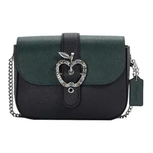COACH Gemma 18 Leather Crossbody Bag with Diamond Apple Clasp and Chain Strap in Green-Black Color for Women