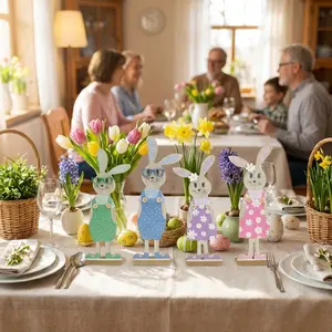 4pcs Easter Wooden Rabbit Ornament Set, Colorful Cartoon Rabbit Family, Cute Desktop Decoration for Easter Scene Setup, Cross-border Easter Rabbit Decorative Wooden Plaque, Creatively Painted Rabbit Standing Sign for Home Desktop Holiday Decor, Easter